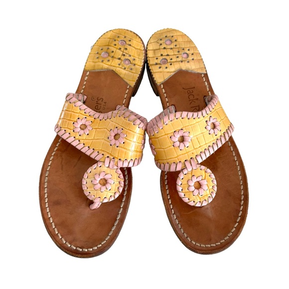Jack Rogers Yellow Embossed Leather Pink Trim Thong Sandal Women’s Size 7 - Picture 1 of 10